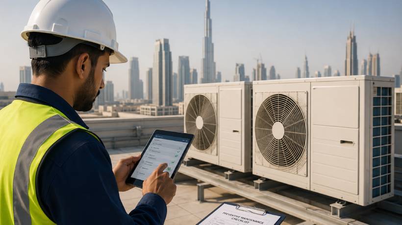 HVAC engineer inspecting rooftop air conditioning systems in Dubai during preventive maintenance inspection
